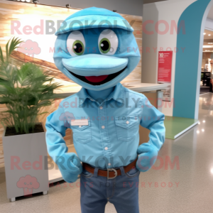 Turquoise Snake mascot costume character dressed with a Chambray Shirt and Pocket squares