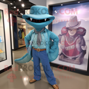Turquoise Snake mascot costume character dressed with a Chambray Shirt and Pocket squares