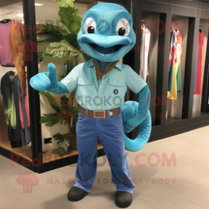 Turquoise Snake mascot costume character dressed with a Chambray Shirt and Pocket squares