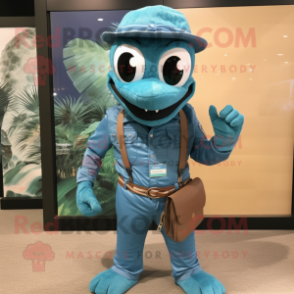 Turquoise Snake mascot costume character dressed with a Chambray Shirt and Pocket squares