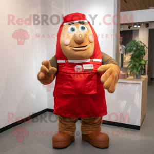 Red Potato mascot costume character dressed with a Dungarees and Wraps