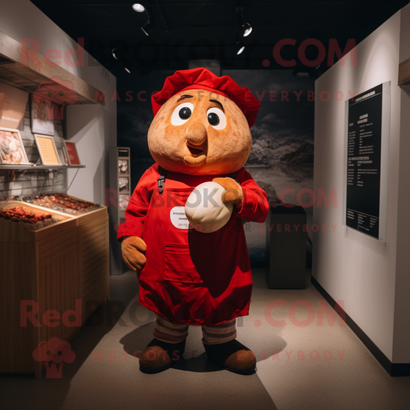 Red Potato mascot costume character dressed with a Dungarees and Wraps