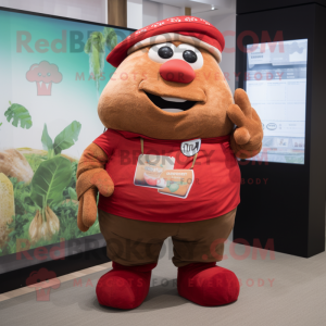 Red Potato mascot costume character dressed with a Dungarees and Wraps