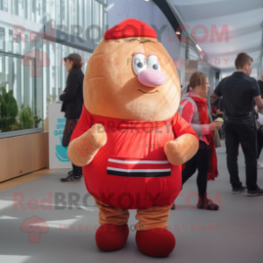 Red Potato mascot costume character dressed with a Dungarees and Wraps