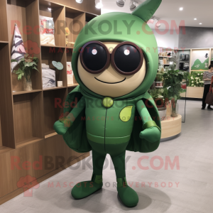 Olive Superhero mascot costume character dressed with a Leather Jacket and Eyeglasses