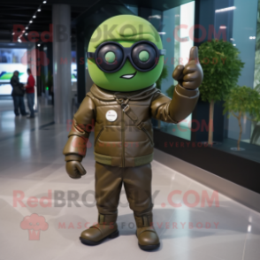 Olive Superhero mascot costume character dressed with a Leather Jacket and Eyeglasses