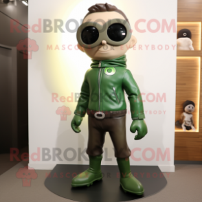 Olive Superhero mascot costume character dressed with a Leather Jacket and Eyeglasses