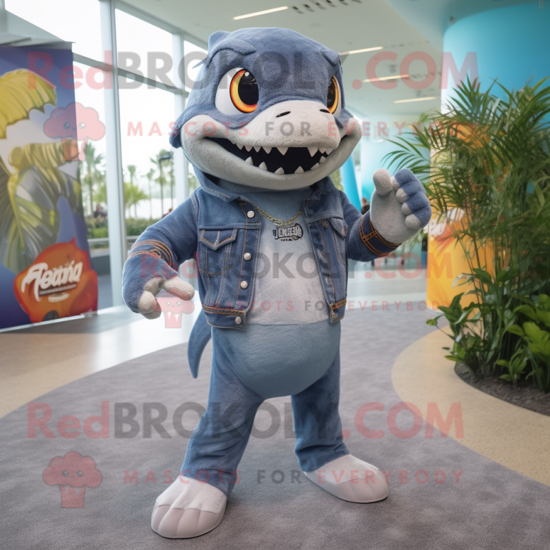 Gray Barracuda mascot costume character dressed with a Flare Jeans and Bracelets