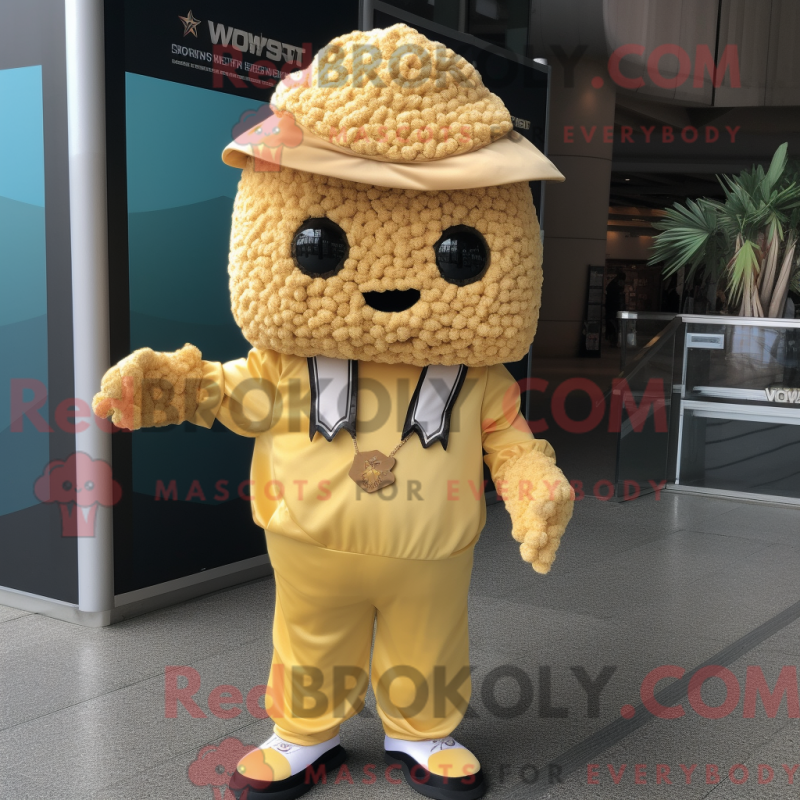 Fantasia de mascote de um Pop Corn Gold com macacão e bonés - Mascotes pipoca - REBROKO_397825 - RedBrokoly.com
