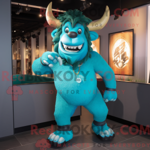 Maskotfigur af en cyan...
