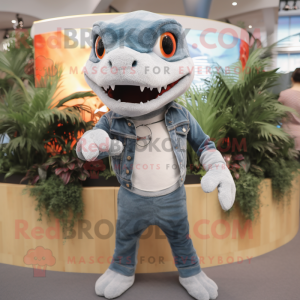 Gray Barracuda mascot costume character dressed with a Flare Jeans and Bracelets