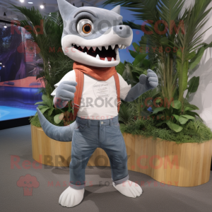 Gray Barracuda mascot costume character dressed with a Flare Jeans and Bracelets