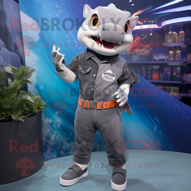 Gray Barracuda mascot costume character dressed with a Flare Jeans and Bracelets