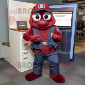 Maroon Navy Seal mascot costume character dressed with a Bootcut Jeans and Gloves