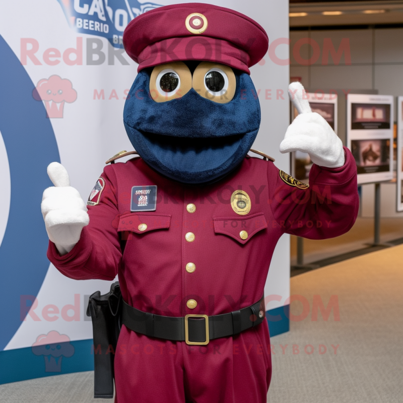 Maroon Navy Seal mascot costume character dressed with a Bootcut Jeans and Gloves