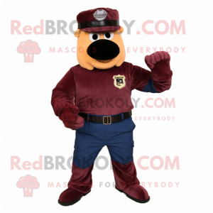 Maroon Navy Seal mascot costume character dressed with a Bootcut Jeans and Gloves