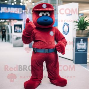 Maroon Navy Seal mascot costume character dressed with a Bootcut Jeans and Gloves