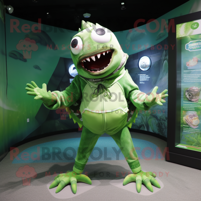 Green Piranha mascot costume character dressed with a Swimwear and Rings