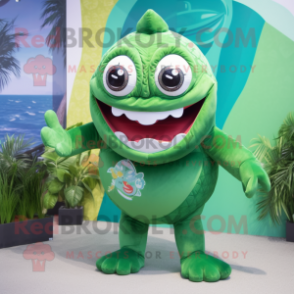 Green Piranha mascot costume character dressed with a Swimwear and Rings