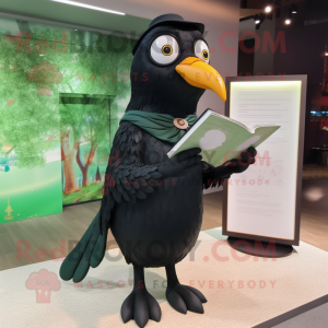 Olive Blackbird mascot costume character dressed with a V-Neck Tee and Reading glasses