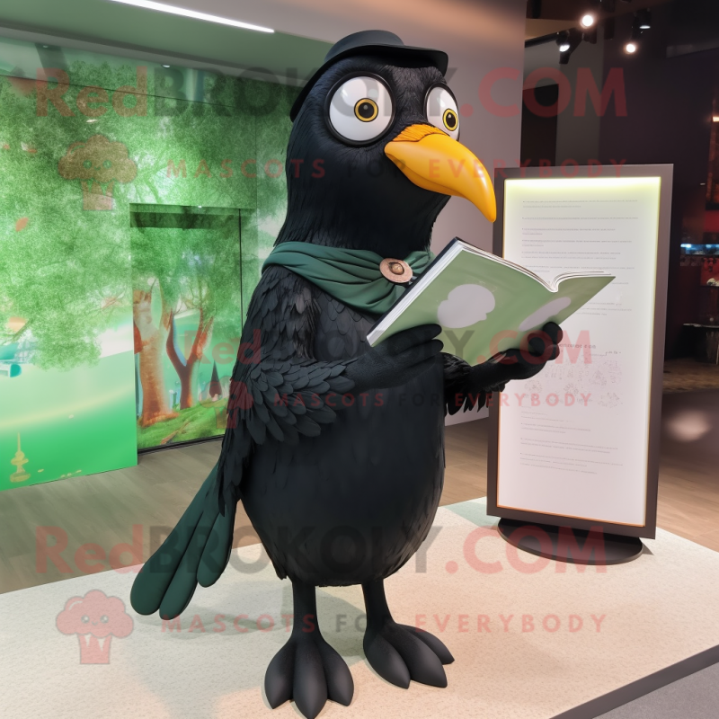 Olive Blackbird mascot costume character dressed with a V-Neck Tee and Reading glasses Olive Blackbird mascot costume character dressed with a V-Neck Tee and Reading glasses