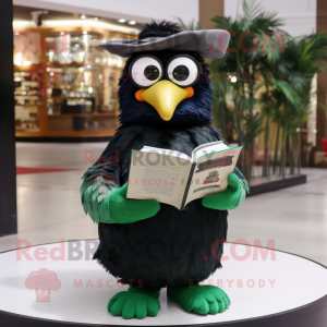 Olive Blackbird mascot costume character dressed with a V-Neck Tee and Reading glasses