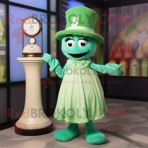 Green Hourglass mascot costume character dressed with a Shift Dress and Caps