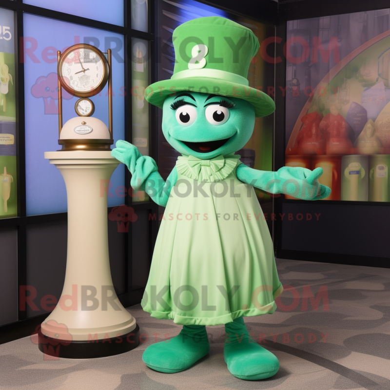 Green Hourglass mascot costume character dressed with a Shift Dress and Caps Green Hourglass mascot costume character dressed with a Shift Dress and Caps
