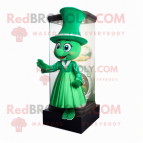 Green Hourglass mascot costume character dressed with a Shift Dress and Caps