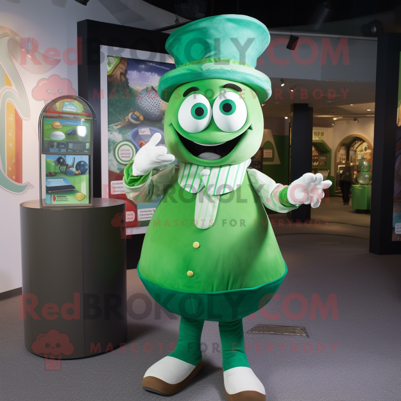 Green Hourglass mascot costume character dressed with a Shift Dress and Caps