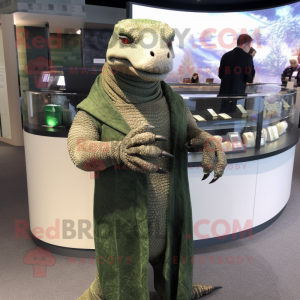 Olive Komodo Dragon mascot costume character dressed with a Cardigan and Bracelet watches