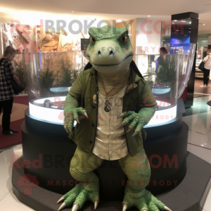 Olive Komodo Dragon mascot costume character dressed with a Cardigan and Bracelet watches