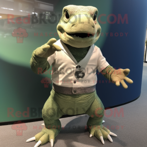 Olive Komodo Dragon mascot costume character dressed with a Cardigan and Bracelet watches