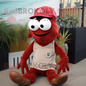 Maroon Shrimp Scampi mascot costume character dressed with a Trousers and Beanies