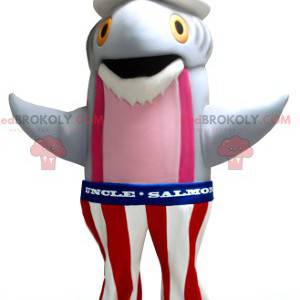 Mascote peixe salmão cinza e rosa em vestido americano -