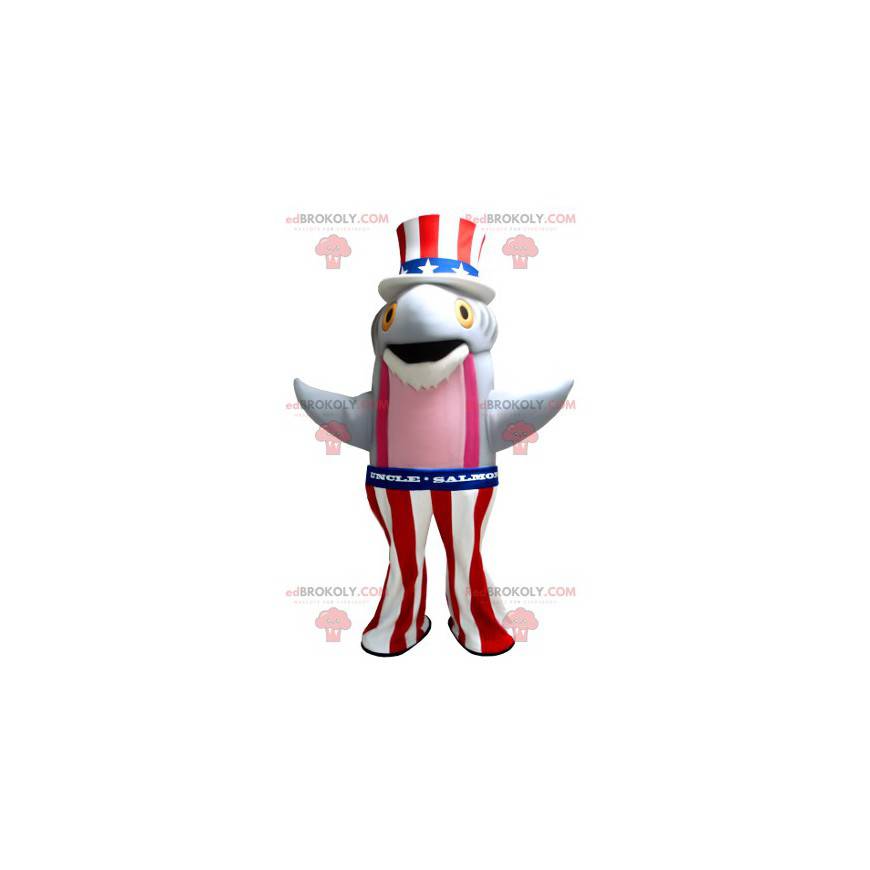 Gray and pink fish salmon mascot in American dress -