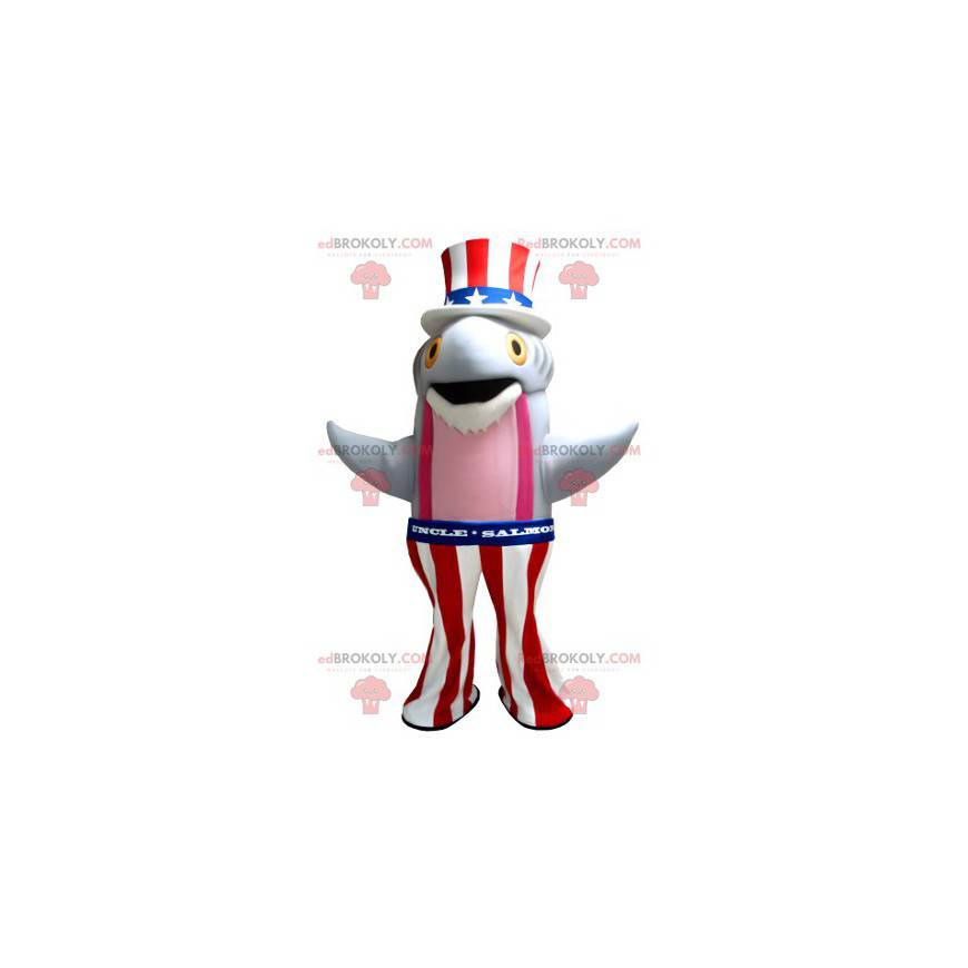 Mascote peixe salmão cinza e rosa em vestido americano -