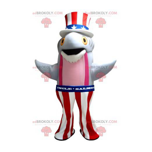 Grå og lyserød fiskelaksemaskot i amerikansk kjole -