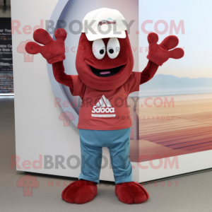 Maroon Shrimp Scampi mascot costume character dressed with a Trousers and Beanies