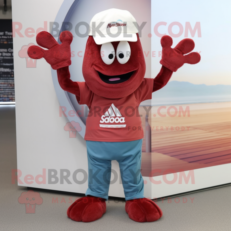 Maroon Shrimp Scampi mascot costume character dressed with a Trousers and Beanies Maroon Shrimp Scampi mascot costume character dressed with a Trousers and Beanies