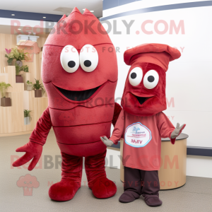 Maroon Shrimp Scampi mascot costume character dressed with a Trousers and Beanies