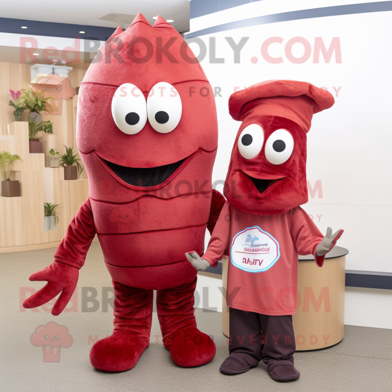 Maroon Shrimp Scampi mascot costume character dressed with a Trousers and Beanies Maroon Shrimp Scampi mascot costume character dressed with a Trousers and Beanies