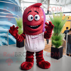 Maroon Shrimp Scampi mascot costume character dressed with a Trousers and Beanies