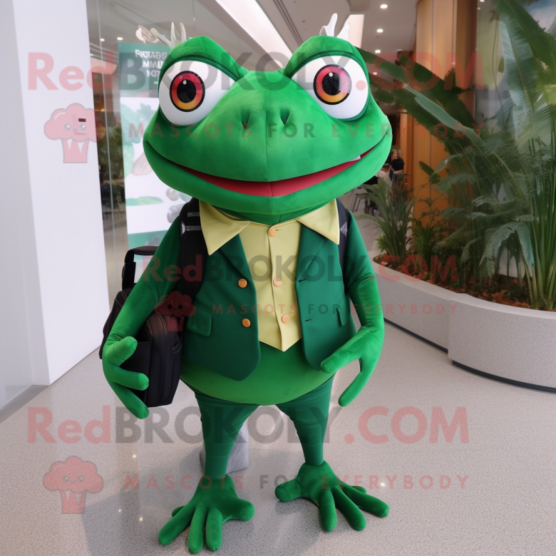 Forest Green Frog mascot costume character dressed with a Mini Dress and Messenger bags