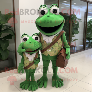 Forest Green Frog mascot costume character dressed with a Mini Dress and Messenger bags