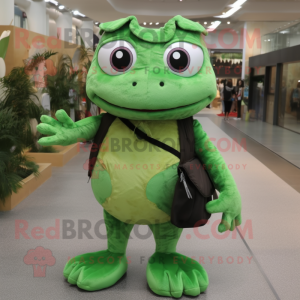 Forest Green Frog mascot costume character dressed with a Mini Dress and Messenger bags