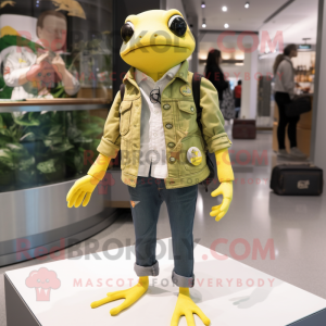 Lemon Yellow Frog mascot costume character dressed with a Boyfriend Jeans and Lapel pins