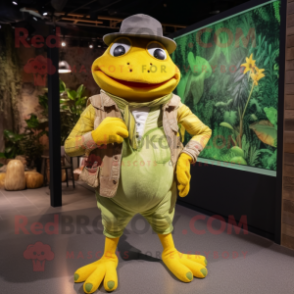 Lemon Yellow Frog mascot costume character dressed with a Boyfriend Jeans and Lapel pins