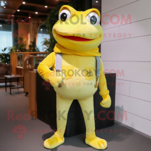 Lemon Yellow Frog mascot costume character dressed with a Boyfriend Jeans and Lapel pins