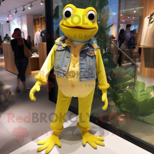 Lemon Yellow Frog mascot costume character dressed with a Boyfriend Jeans and Lapel pins